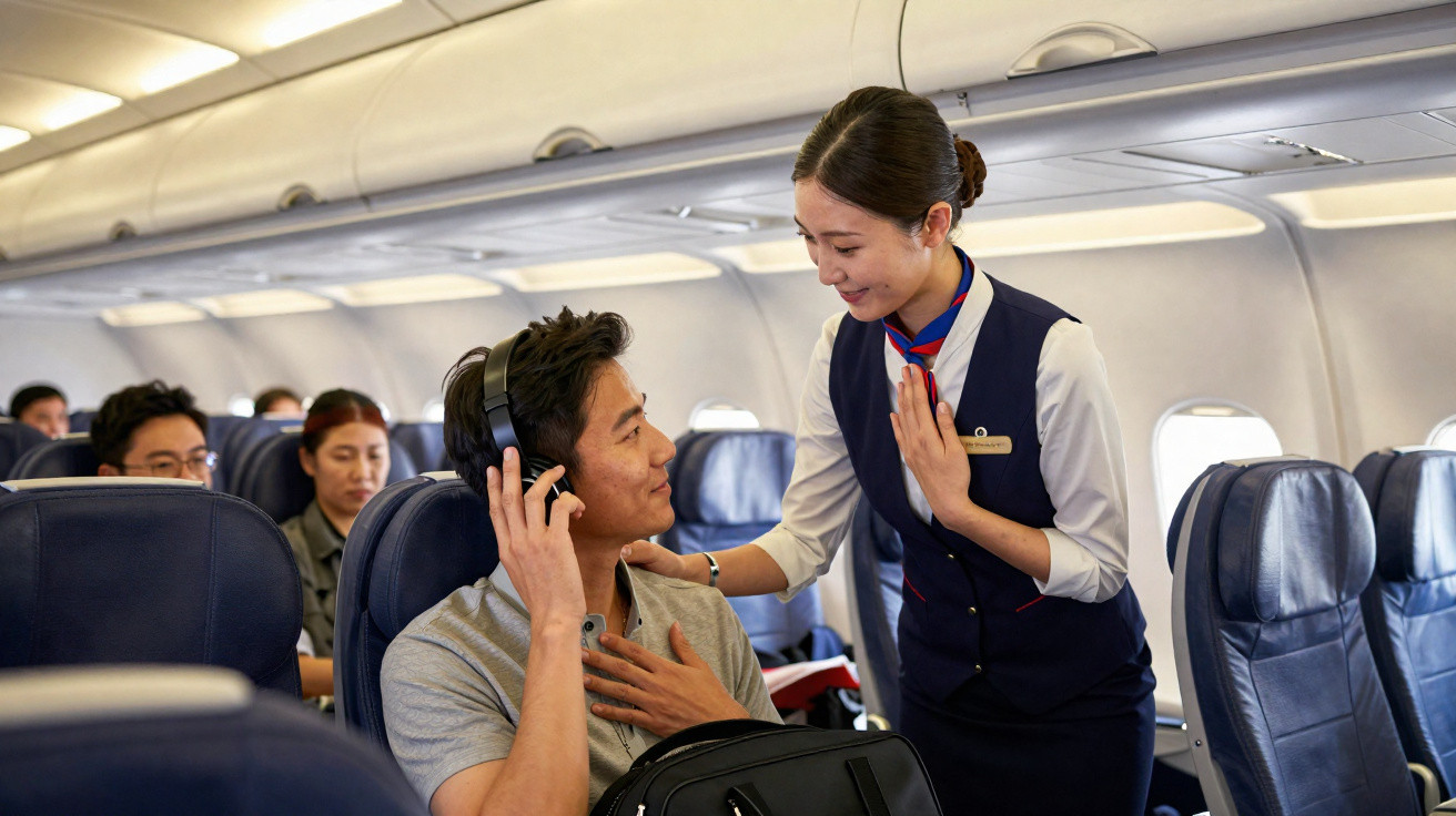 Hôtesse de l'air souriante parlant avec un passager portant un casque dans la cabine d'un avion.