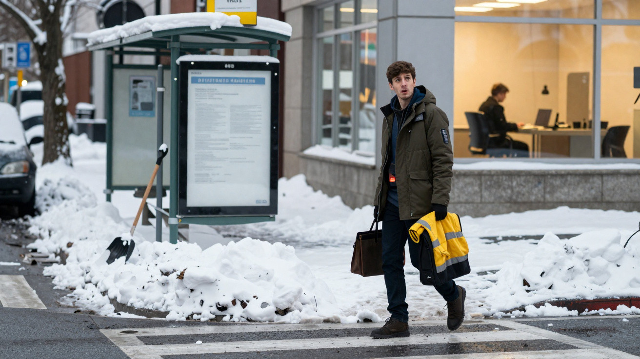Jeune homme traversant un passage piéton près d’un arrêt de bus sous la neige en ville.