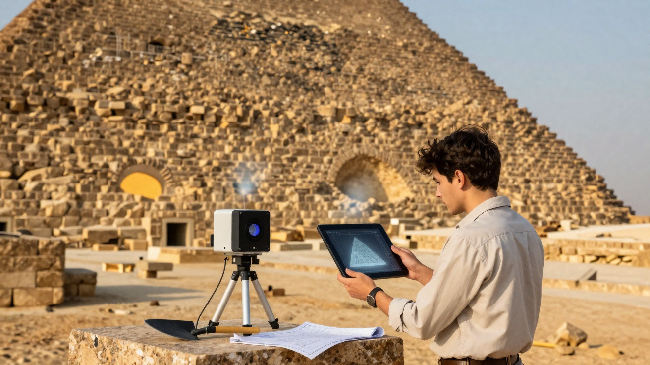 Un homme utilise une tablette et un scanner 3D devant une pyramide en pierre sous un ciel clair.