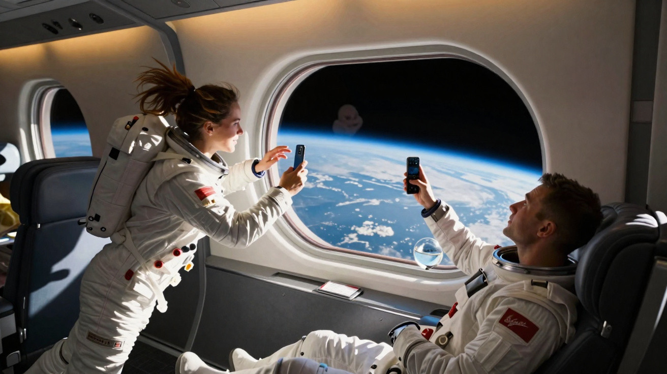 Deux astronautes en combinaison prennent des photos de la Terre depuis une fenêtre spatiale.