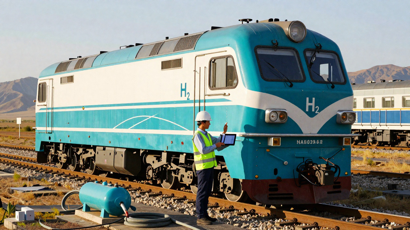 Locomotive à hydrogène bleue et blanche avec un technicien en casque et gilet réfléchissant.