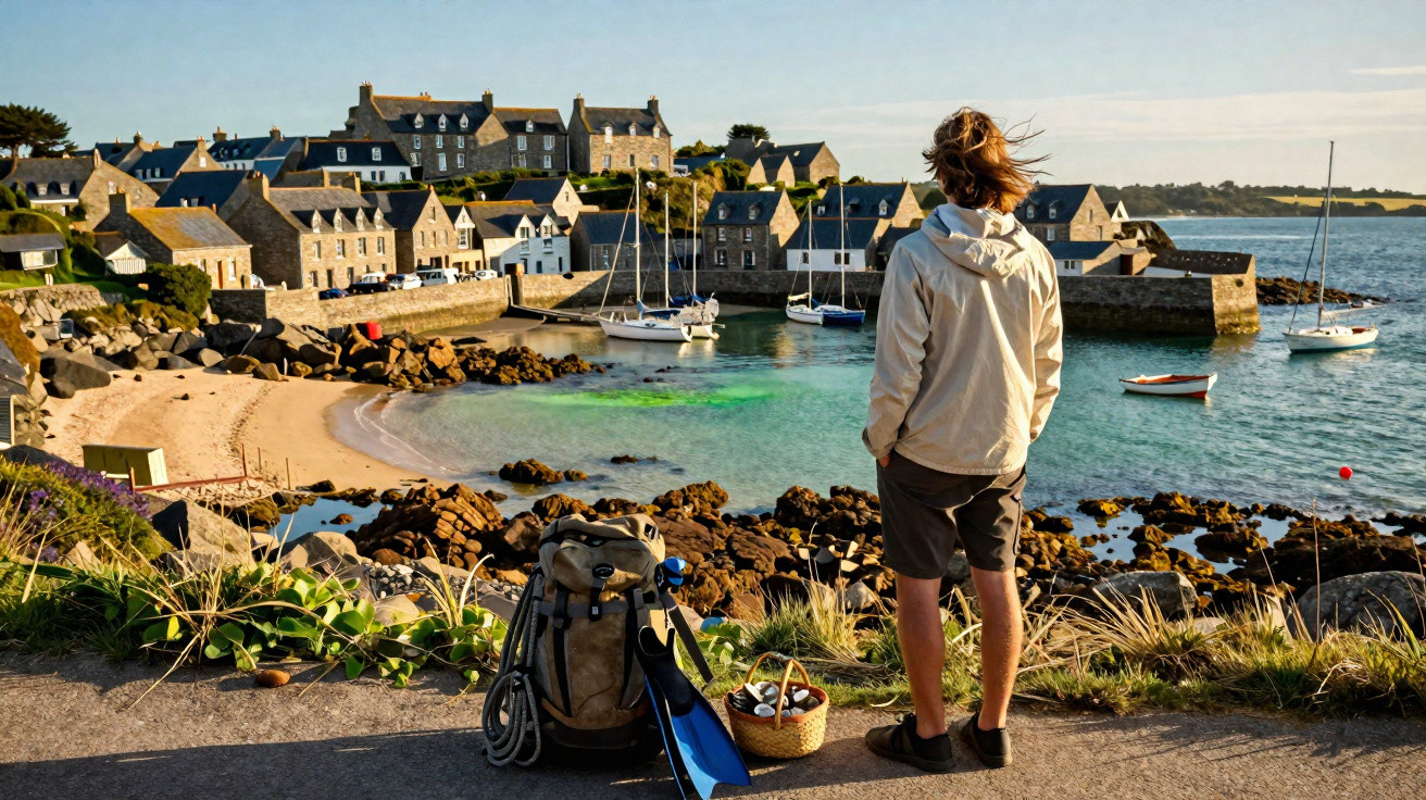 Homme de dos regardant un village côtier breton avec des bateaux, plage et maisons en pierre au coucher du soleil.