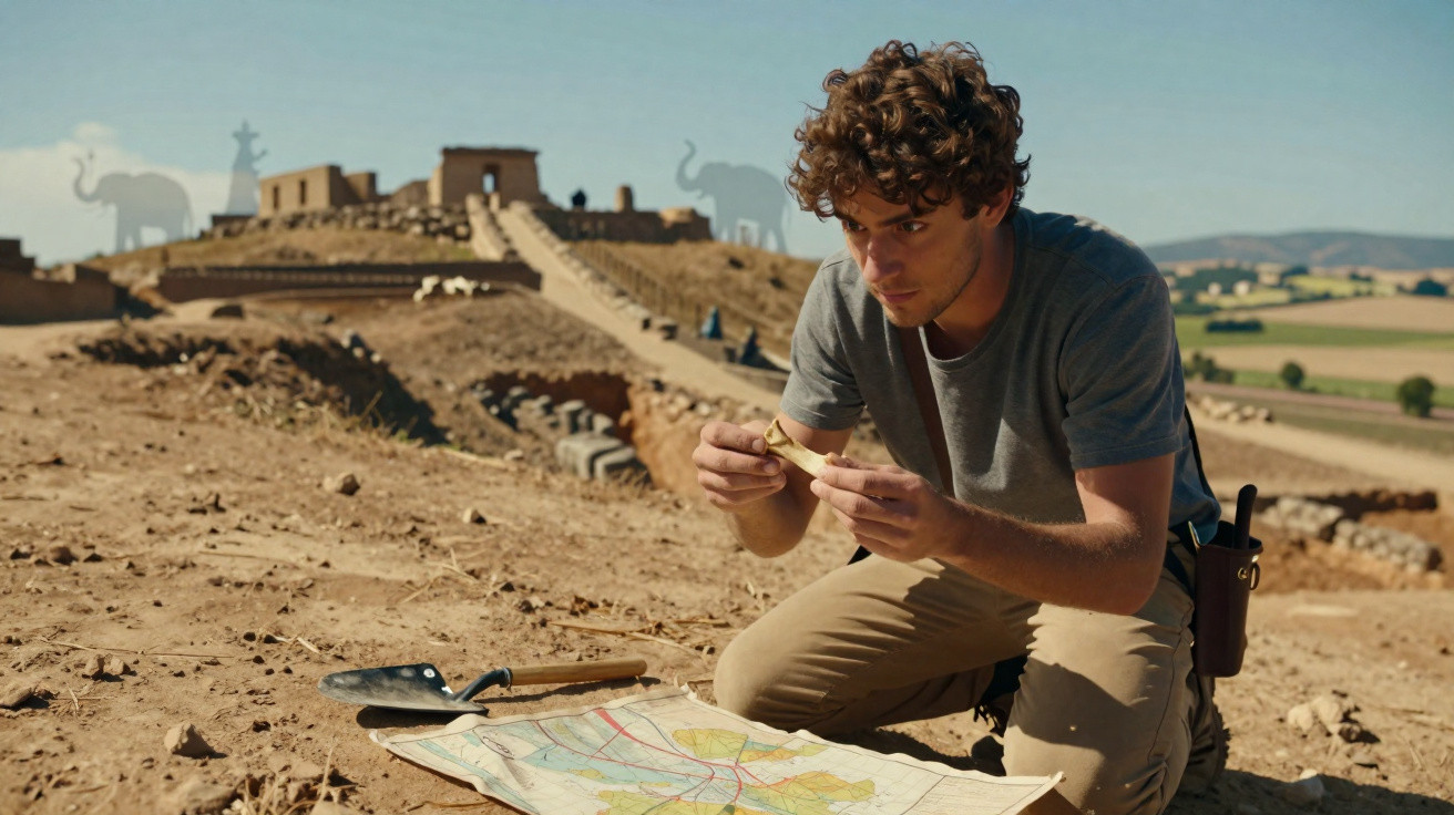 Un homme examine un objet ancien à genoux sur un site archéologique désertique avec une carte étalée devant lui.