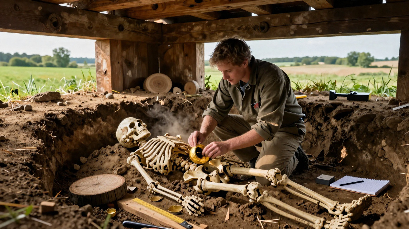 Un archéologue exhume et étudie un squelette humain dans une fouille en plein air sous une structure en bois.