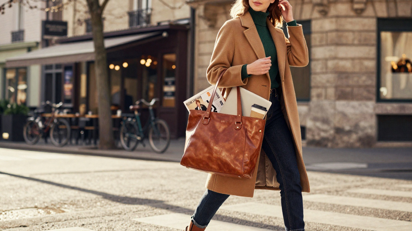Femme élégante en manteau camel, marche en ville avec sac en cuir contenant magazines et café à emporter.