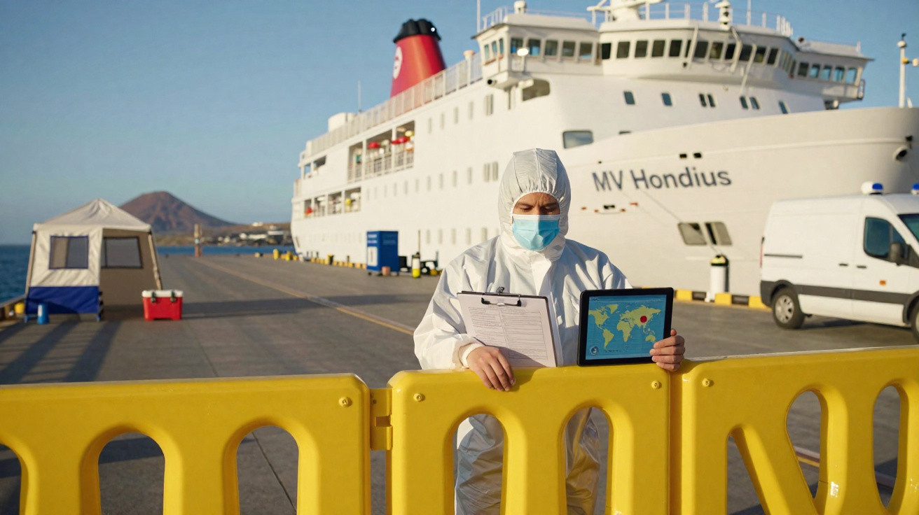 Personne en tenue de protection et masque devant un ferry au quai avec barrière jaune et tablette.