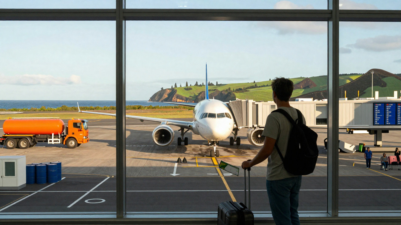 Passager avec valise regarde un avion attaché à la porte d'embarquement dans un aéroport côtier.