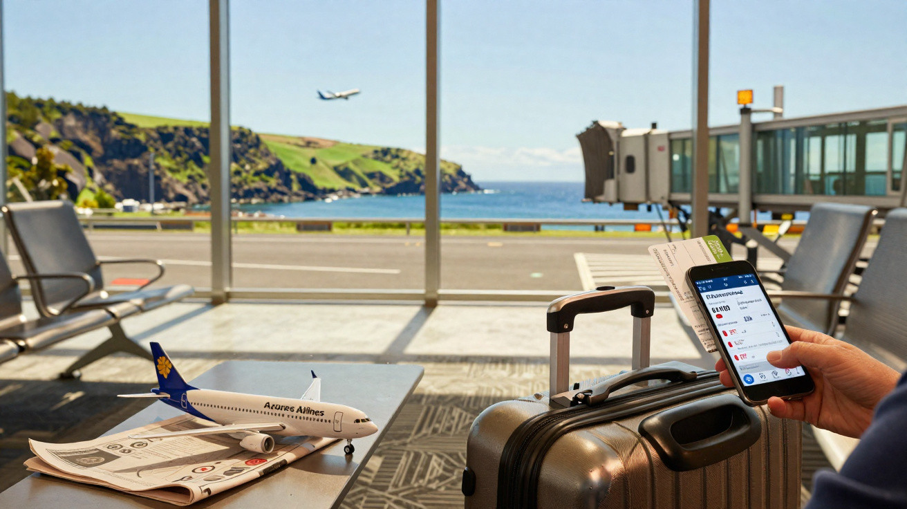 Personne à l'aéroport avec valise et billet, téléphone en main, avion en modèle sur table face à la baie vitrée.