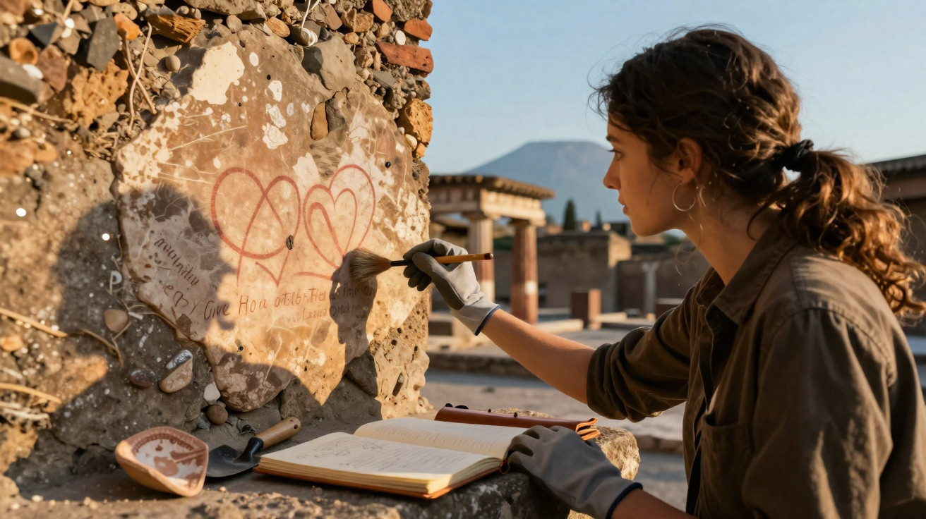 Une femme étudie des inscriptions antiques sur un mur en pierre lors d'une fouille archéologique.